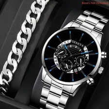 2pcs Luxury Men Business Watch Stainless Steel Calendar Big Dial Watches for Men