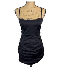 NWT Dazie Black Ruched Lace Trim Mini Dress Spaghetti Strap Indie Sleaze Goth