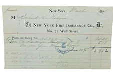 1875 New York Fire Insurance Co Policy Invoice 72 Wall Street Antique Document