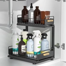 2 Tier Under Sink Organizer, Pull Out Cabinet Shelf for Kitchen & Bathroom, Blac