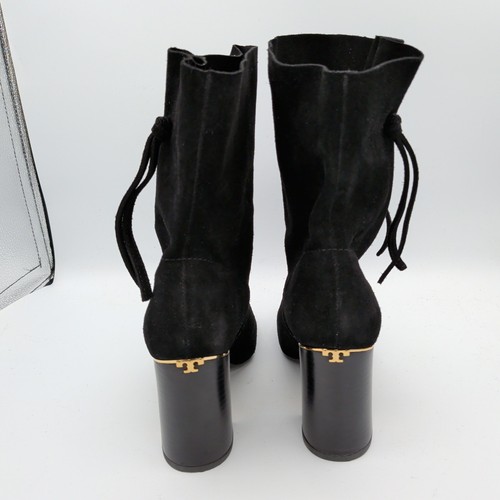 Tory Burch Gigi Black Suede Mid Calf Block Heel Boots Gold Logo Size 8M - Picture 5 of 10