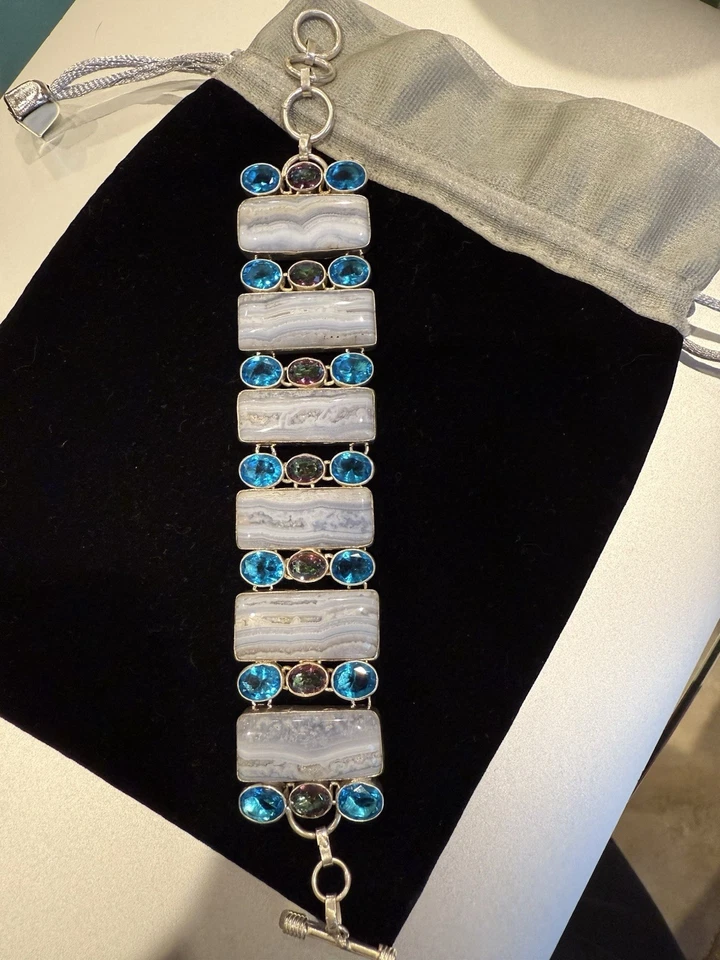 Nuevo Brazalete de Ágata de Encaje, Piedras de Topacio Místico y Azul, en Plata de Ley Foto 2 de 4