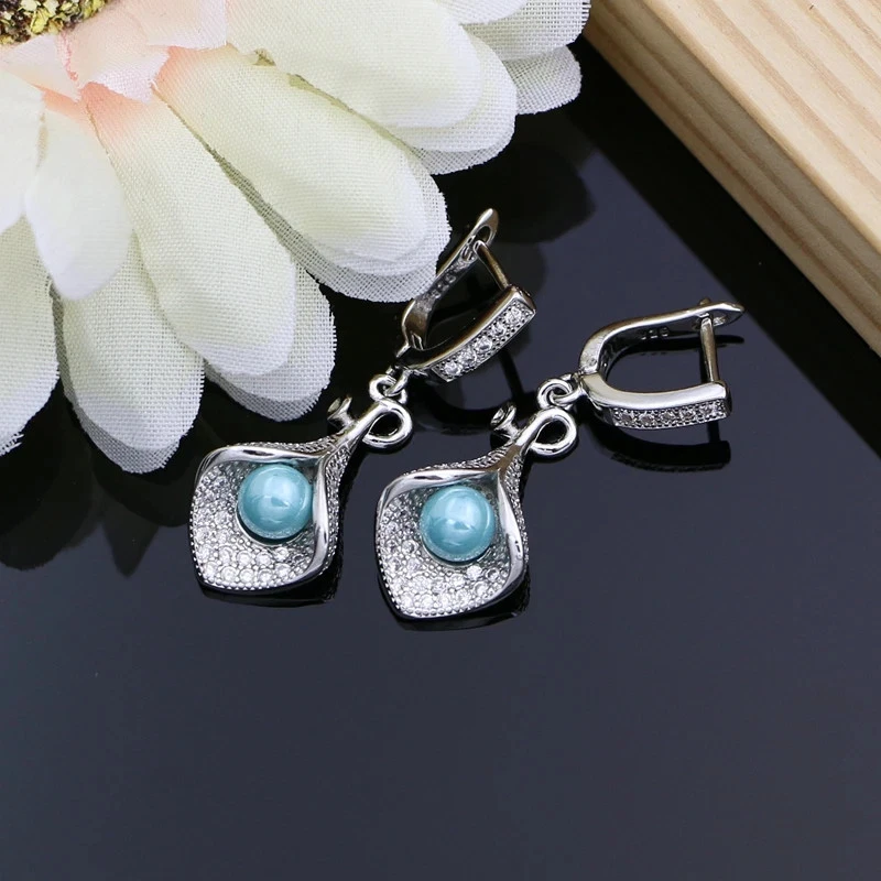 Set Di Gioielli Da Sposa In Argento Sterling 925 Con Corna Di Perle Blu, E - Immagine 4 di 4