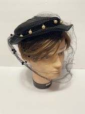 Vintage 30s Black Straw Hat Velvet Ribbon Net Faux Pearls Glam Romantic Ladylike