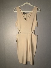 bebe Beige Sleeveless V-Neck Solid Bodycon Cutout Mini Dress Zip, L/G