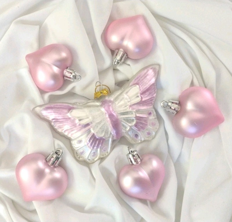 Pastel Pink Glass Butterfly Christmas Ornament + 5 Plastic Hearts