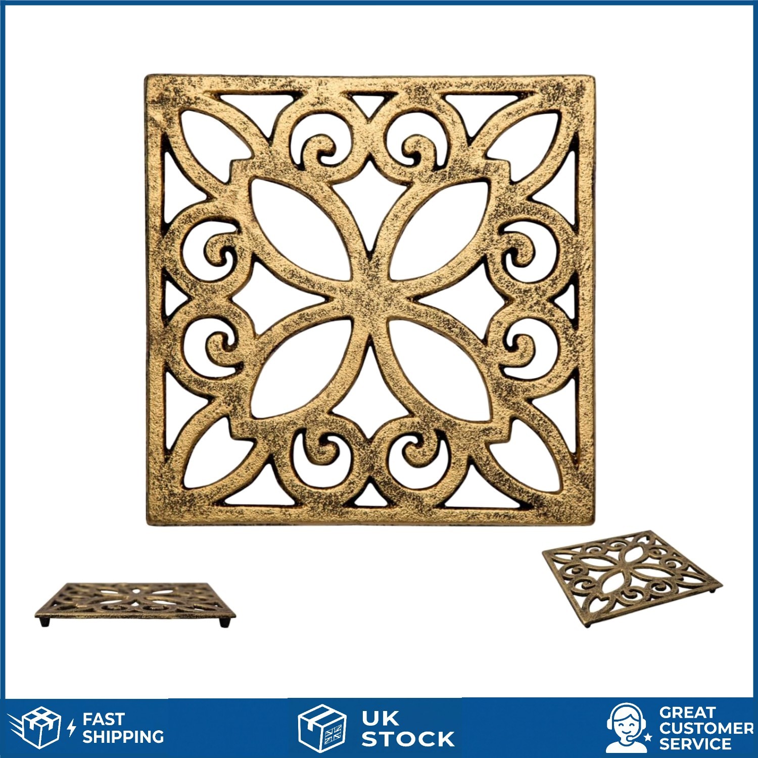 Vintage Square Cast Iron Kitchen Trivet With Rubber Feet Patterned 6.5x6.5in