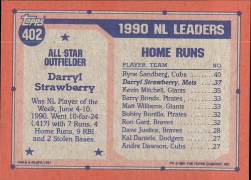 Darryl Strawberry #402 1991 Topps New York Mets - Picture 2 of 2