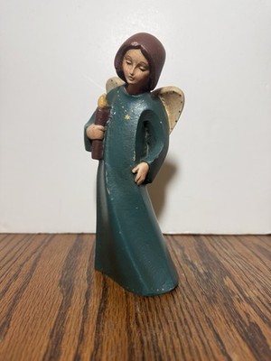 Wooden Angel Holding Candlestick~Made by Wood World in Virginia~7.5 ~Green Robe