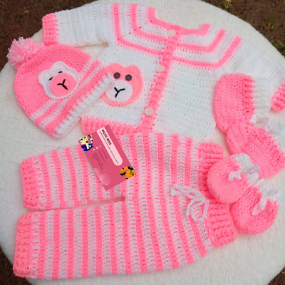 1 - 12 Months - Handmade Baby Crochet Romper Set Jersey, Hat, Booties, Mittens