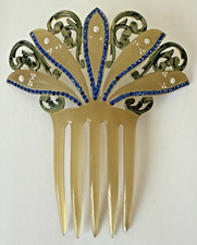 Art Deco 1920s Celluloid Lucite Victorian Hair Comb Blue Rhinestones Faux Pearls