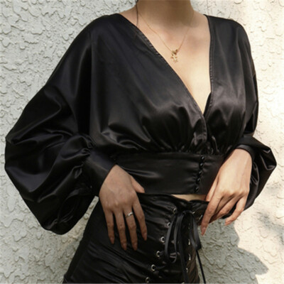 Women Satin Crop Top Ladies Long Sleeve 