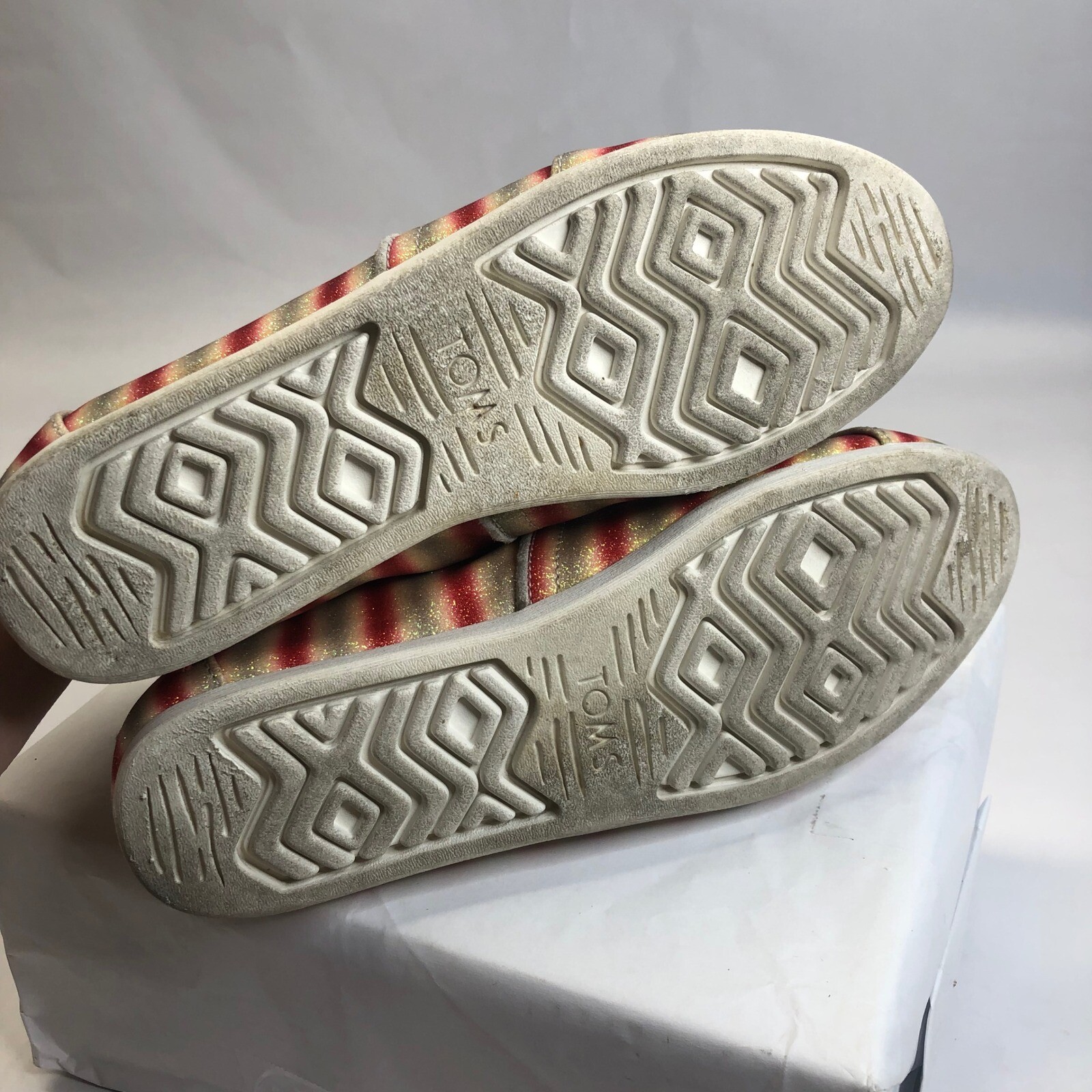TOMS Glitter Stripe Slip On Casual Shoes Red Gold Sparkle Size
