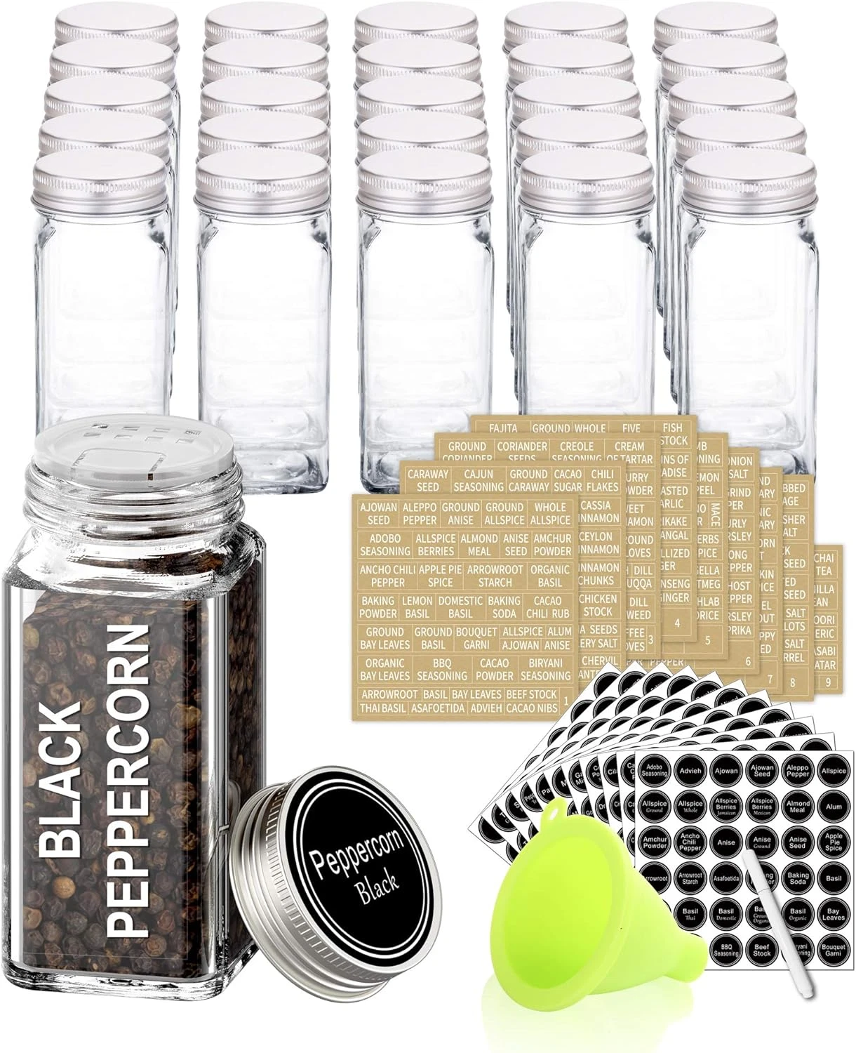 SWOMMOLY 25 Glass Spice Jars with 703 Spice Labels, Chalk Marker and Funnel Comp