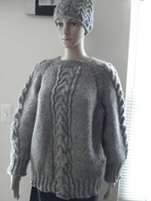 Hand Cable knit hat 100  thick Merino Wool Women's/Kids gray color