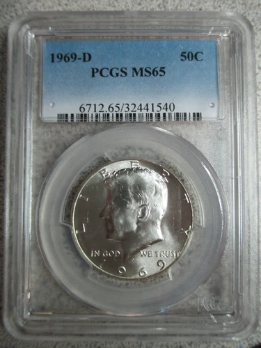 1969-D KENNEDY HALF DOLLAR - PCGS  MS65 - MINT STATE CERTIFIED GRADED COIN MS 65