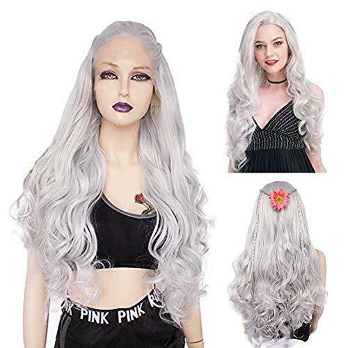 Ebingoo 26 Inch Silver White Gray Lace Front Wig with Free Part Natural Long