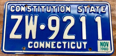 VERY NICE LOOKING, STRAIGHT 1980 CONNECTICUT LICENSE PLATE, ZW 9211, NICE SHINE