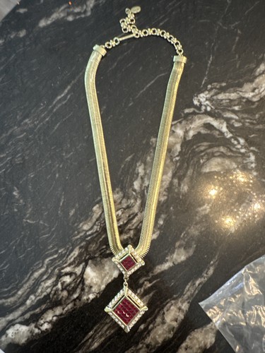 Heidi Daus Red Crystal Double Drop Statement Necklace Art Deco Gold Chain