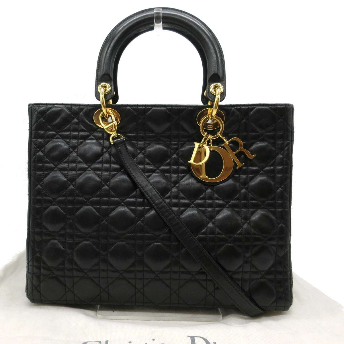 Sac fourre tout à main CHRISTIAN DIOR Lady Cannage 2 voies cuir noir or Italie M757