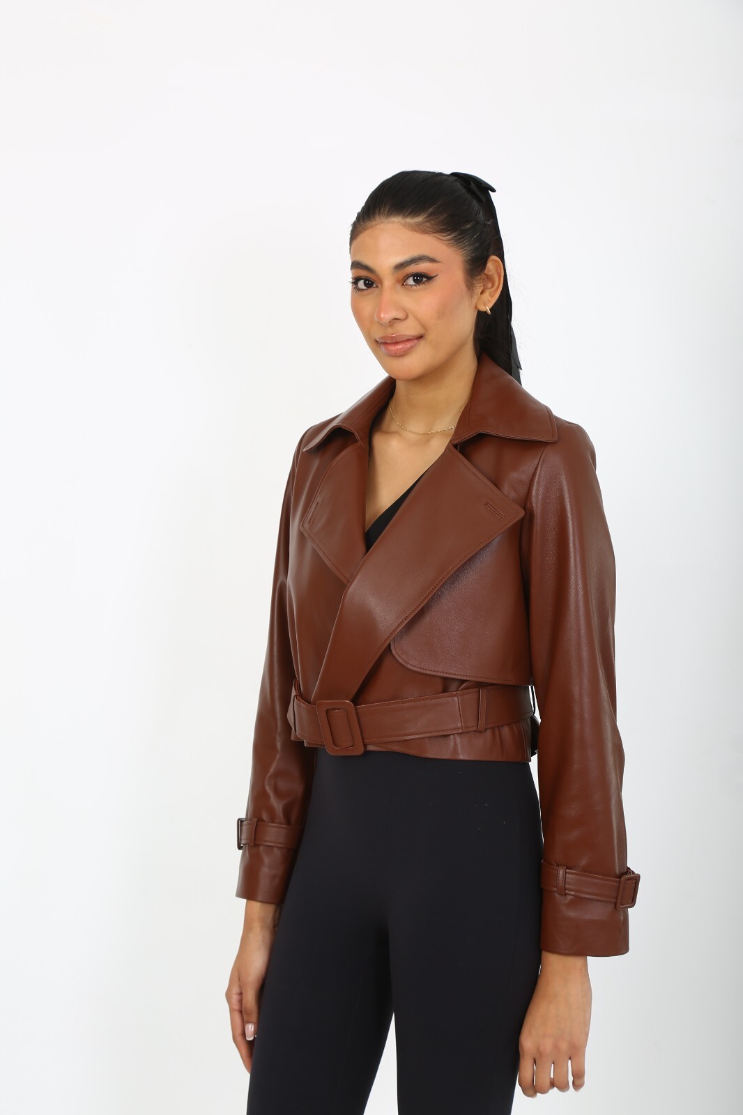 Brand New Women's  Genuine Lambskin Leather Crop Jacket - Brown image 2