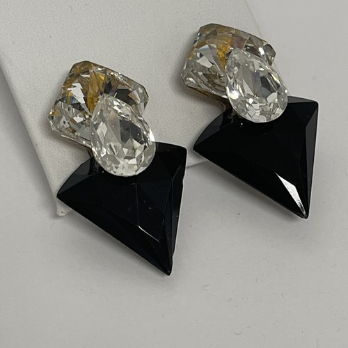 Vintage 1980s Wendy Gell Large Clip Statement Earrings Clear Rhinestone & Black - Picture 9 of 10