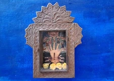 Big Rustic Mexican tin nicho Mano Poderosa Powerful hand wall hanging folk art