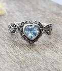 Sterling Silver 925 Blue Topaz & Marcasite Heart Shaped Ring  Size 5 Vintage
