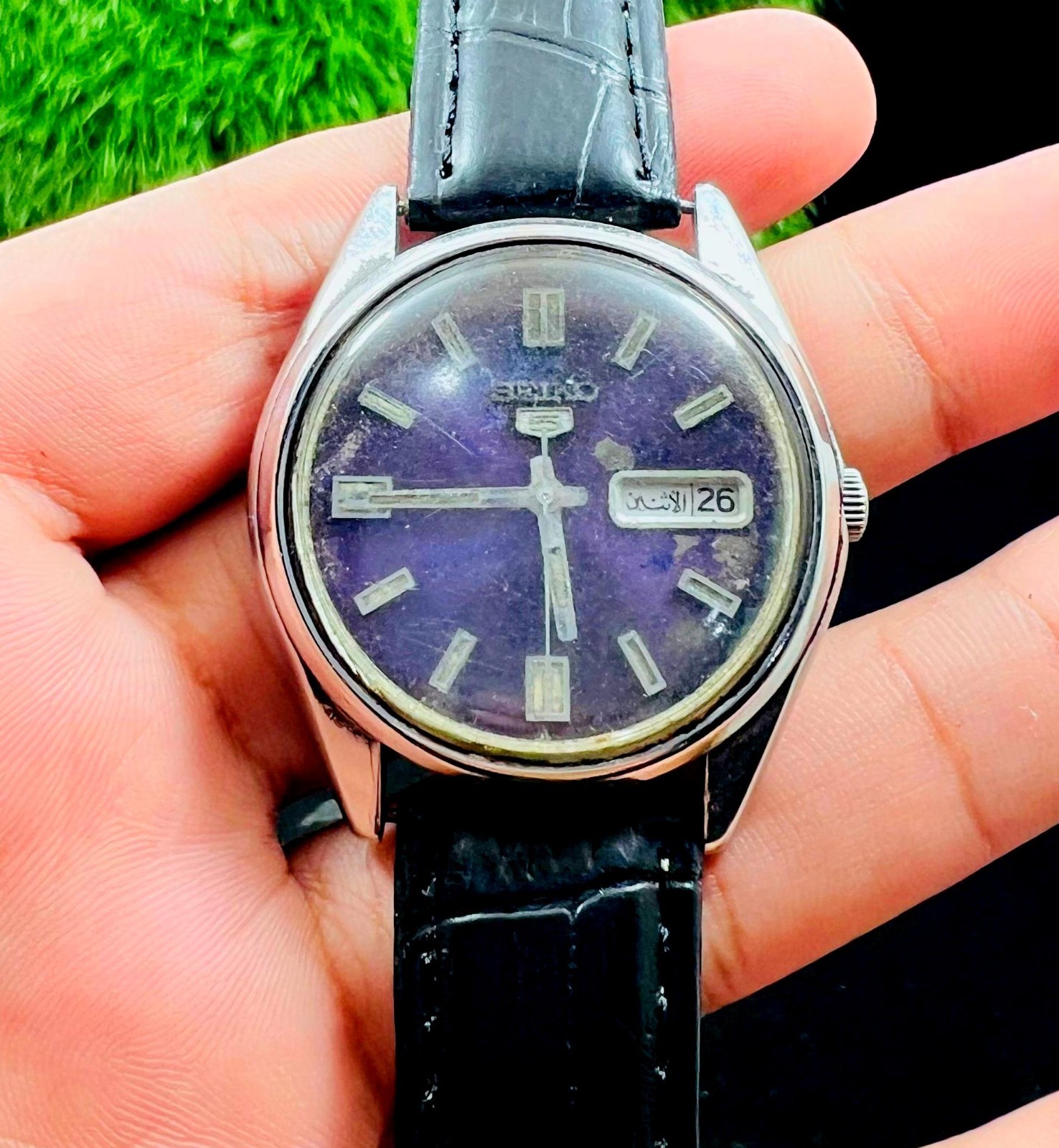 Daye Automatic Purple Dial 5 Made Watch Men Seiko Japan Of Date Antique Vintage - vintagewatches.pk