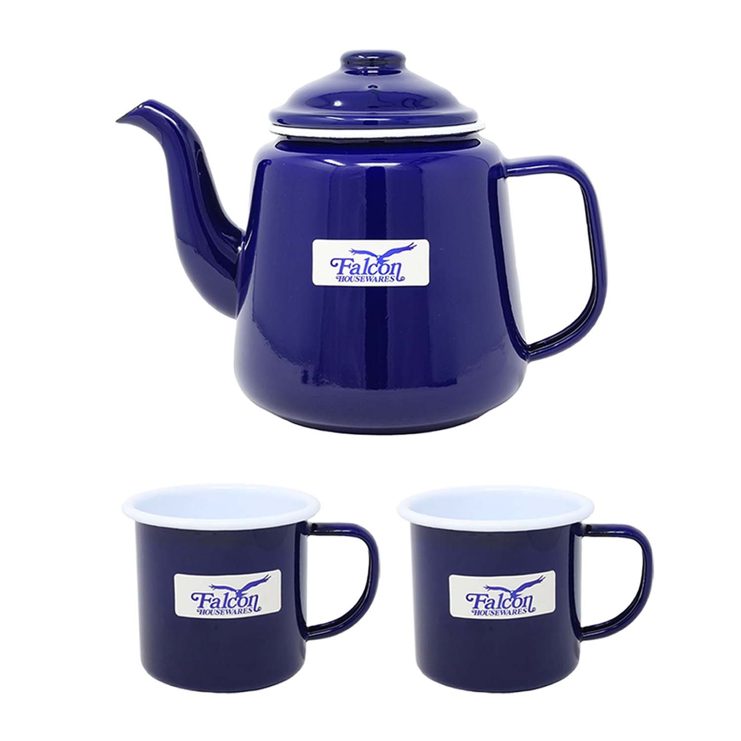 3pcs Steel Teapot Set Blue Enamel White 1.5ml Tea Pot 350ml Coffee Mug Drinkware