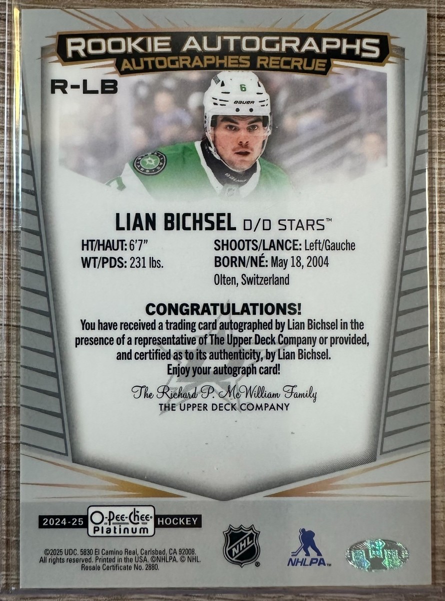 2024-25 OPC PLATINUM LIAN BICHSEL ROOKIE AUTOGRAPHS AUTO #R-LB