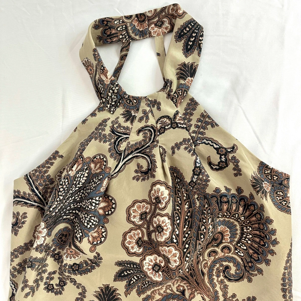 ELLAVIE Vintage Y2K 90s 100% Silk Halter Top Paisley Floral Women's 8 Fairy Glam