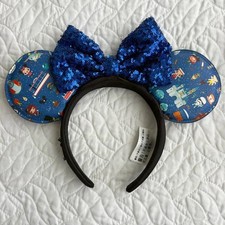 Disney- Parks Chibi Park Icons Loungefly Minnie Ears Blue Sequin Bow Headband
