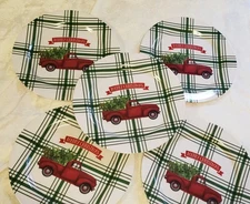 Lot Of 5 Melamine Dinner Plates, Plaid Christmas Truck Design