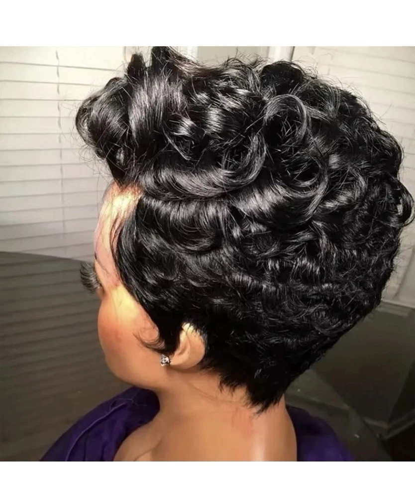 Peluca frontal de encaje corto para mujeres negras cabello humano peluca rizada corte pixie pre desplume... Foto 2 de 4