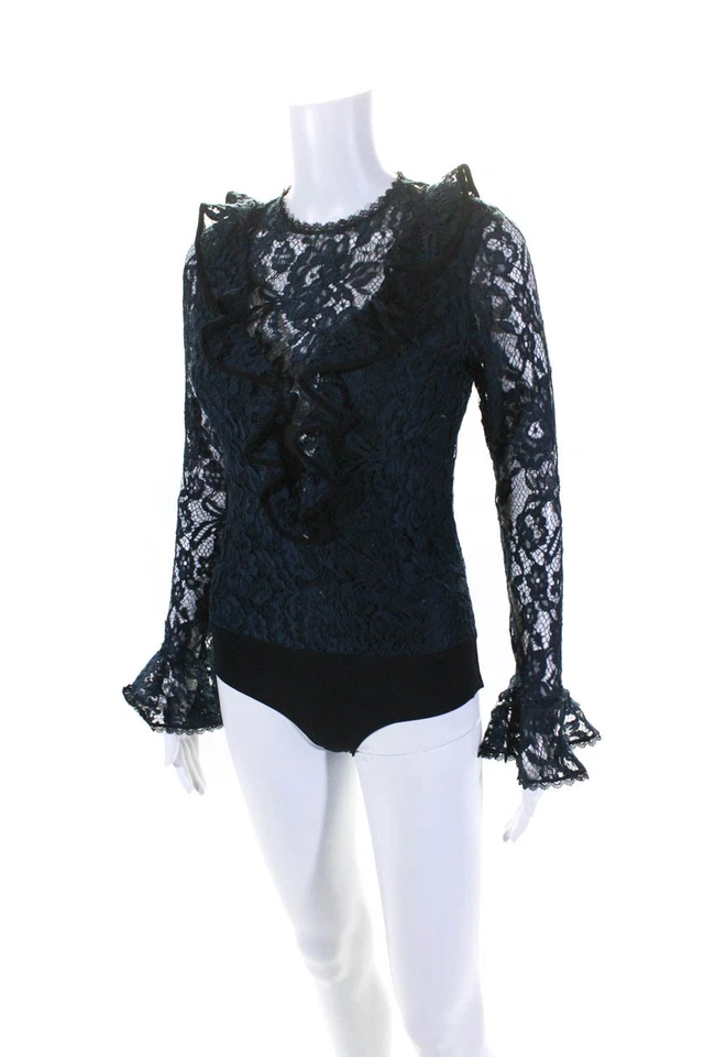 Alexis 女式长袖蕾丝荷叶领紧身衣裤深棕色 S 码 — 第 2/4 张图片