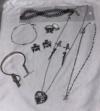 Silver Black Jewelry Set Butterfly Heart Necklace Bracelet Ring Earrings Choker