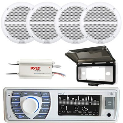Pyle PLRMR23BTW Single-DIN USB Stereo Receiver, 4x 6.5'' Speakers, 4CH Amp, Cover