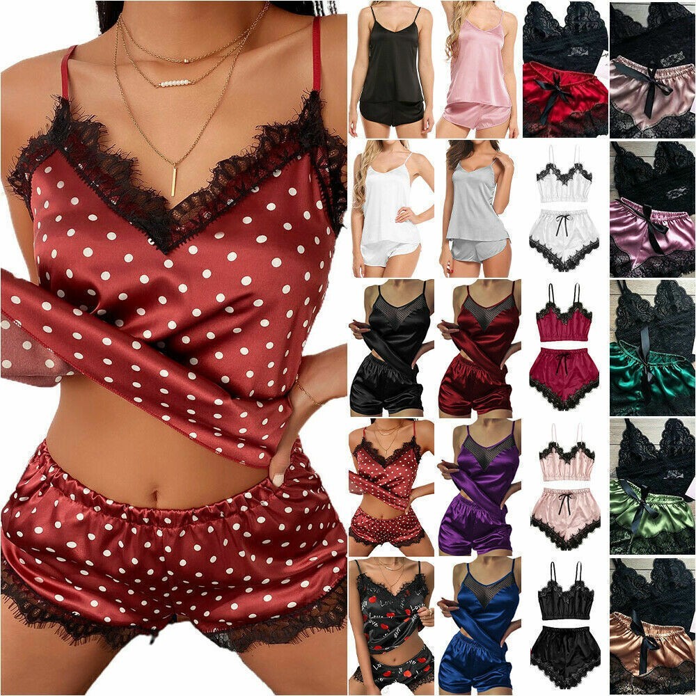 Damen Satin Schlafanzug 2er Set Sexy Dessous Reizwäsche Unterwäsche für Sex