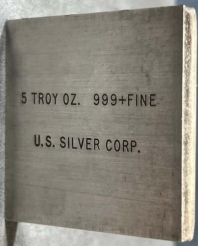 Very Rare U.S. Silver Corp 5 T-oz 999 Fine Old Pour Extrude 2x2 Block Bar