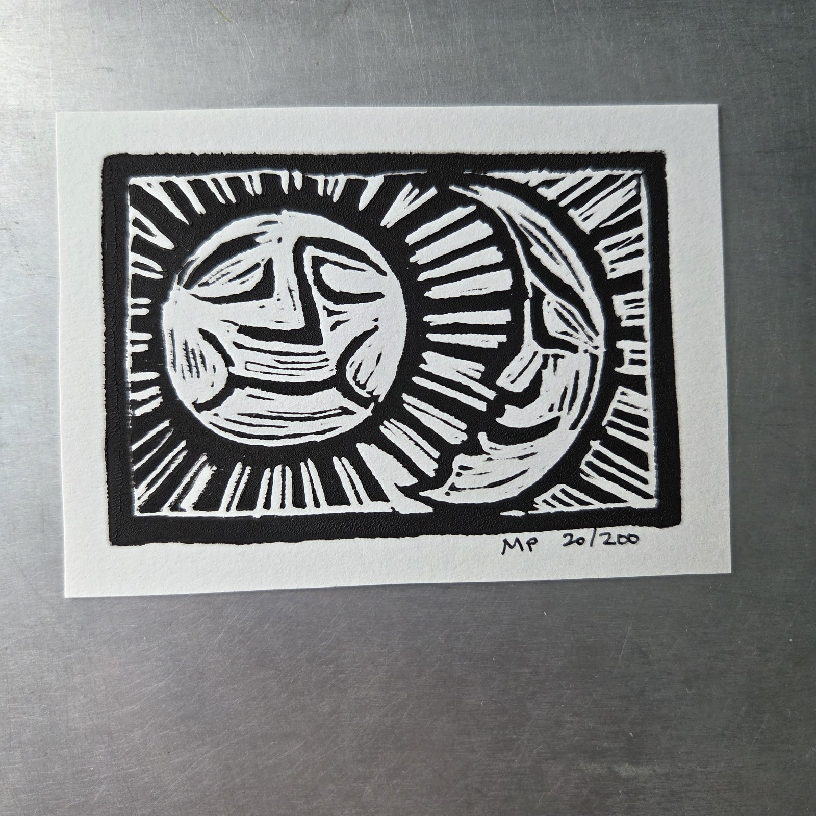 Original Linocut ACEO Sun and Moon Printmaking Celestial Lino 