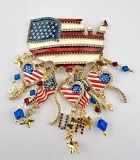 Lunch at the Ritz Patriotic American Flag Heart Rhinestone USA Brooch Pendant