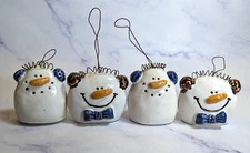 Set of 4 Ceramic Snowman Head Christmas Tree Ornaments White