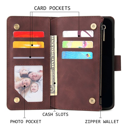 Zipper Flip Wallet Leather Card Case Cover For iPhone 14 13 12Pro 11 XR 7 8 Plus - Picture 11 of 36