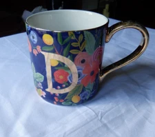 Rifle Paper Co ANTHROPOLOGIE Letter D Monogram Coffee Cup Mug Gold Accents