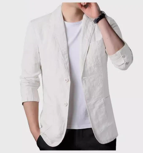 New Men Cotton Linen Suit Jacket Thin Solid Blazer Summer Two Button Casual Coat - Bild 2 von 12