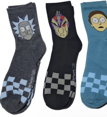 Rick and Morty 3 Pair Pack Novelty Socks Blue Gray Black Adult Shoe Sz 6-12 NEW