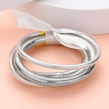 Glitter Jelly Tube Bracelets 5 piece SET Metal Stretch Bangle Gold 3211 SILVER