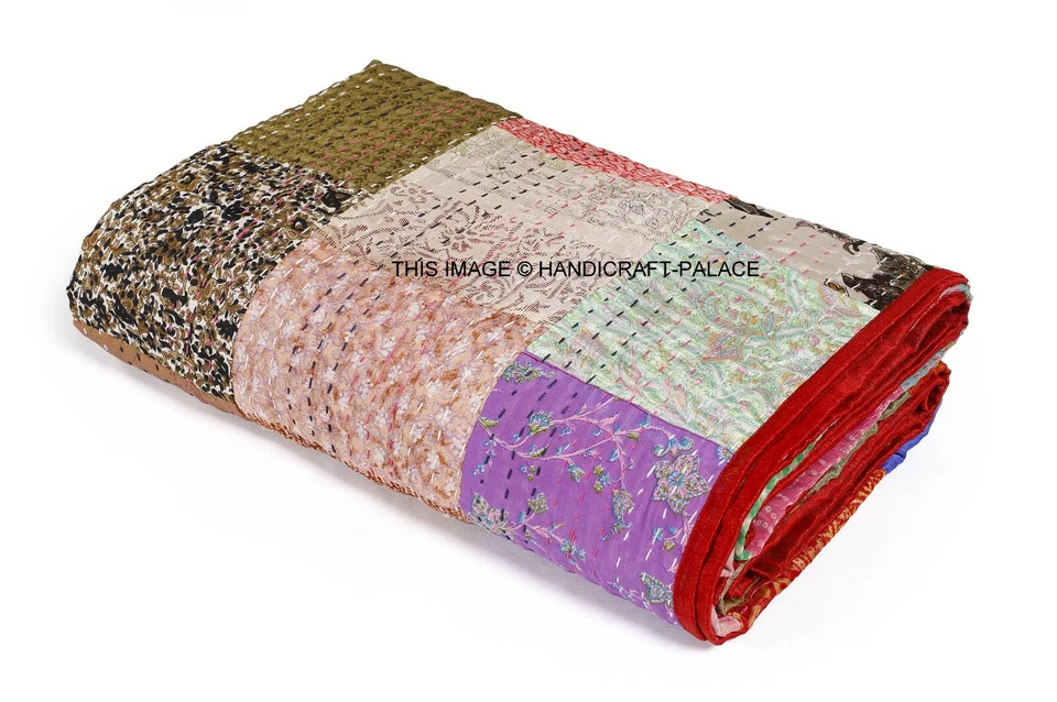 Handmade Vintage Silk Patchwork Kantha Embroidered Quilt Throw Bedspread 60"x90" - Image 3 of 3