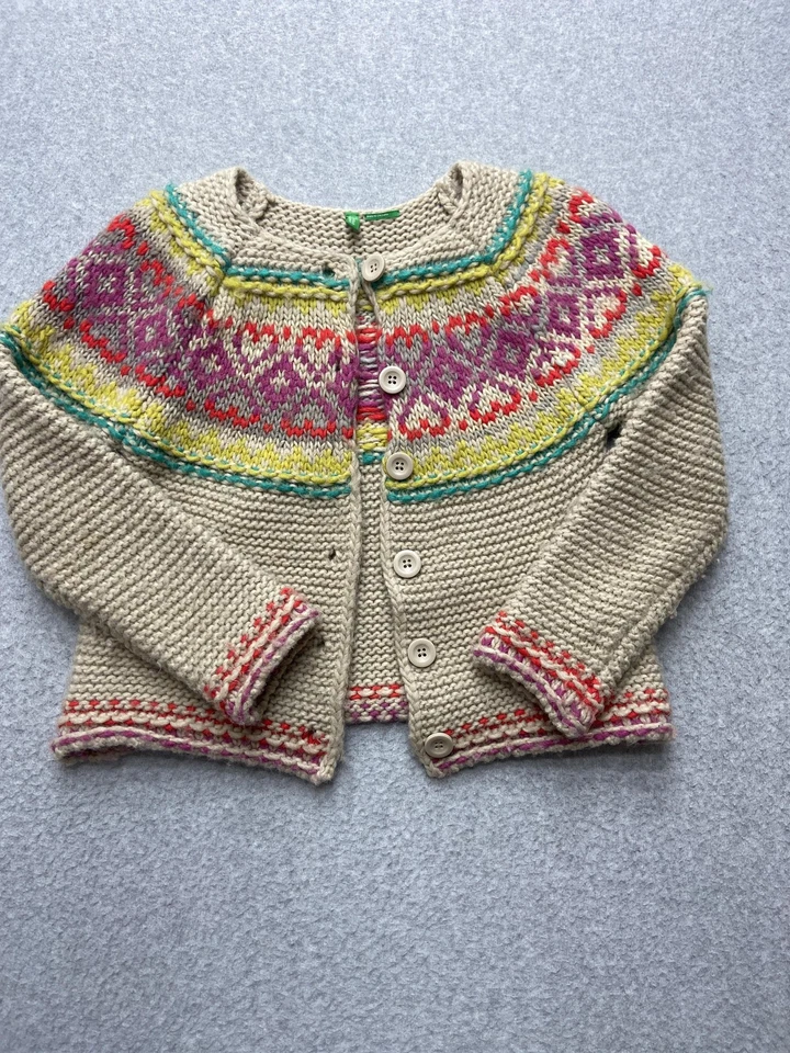 United Colors of Benetton Sweater Girls Medium 7-8 Multicolor Knit Heart Pattern - Image 2 of 4